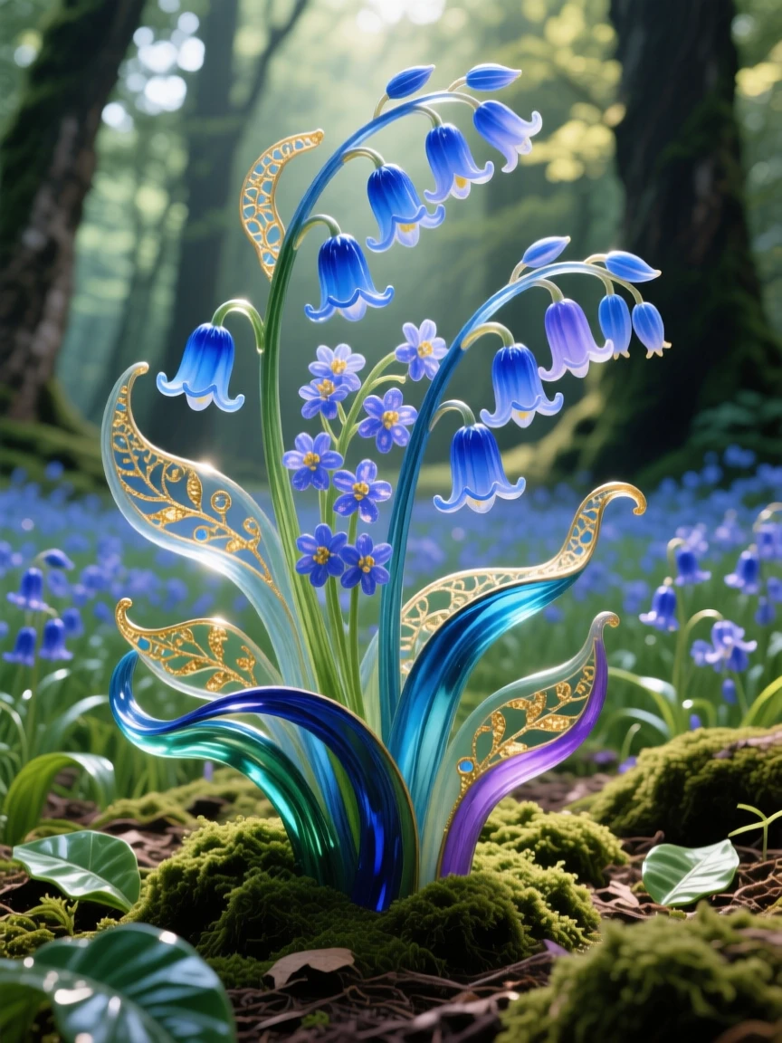 A field of blooming bluebells carpeting an ancient forest floor, magical and delicate.