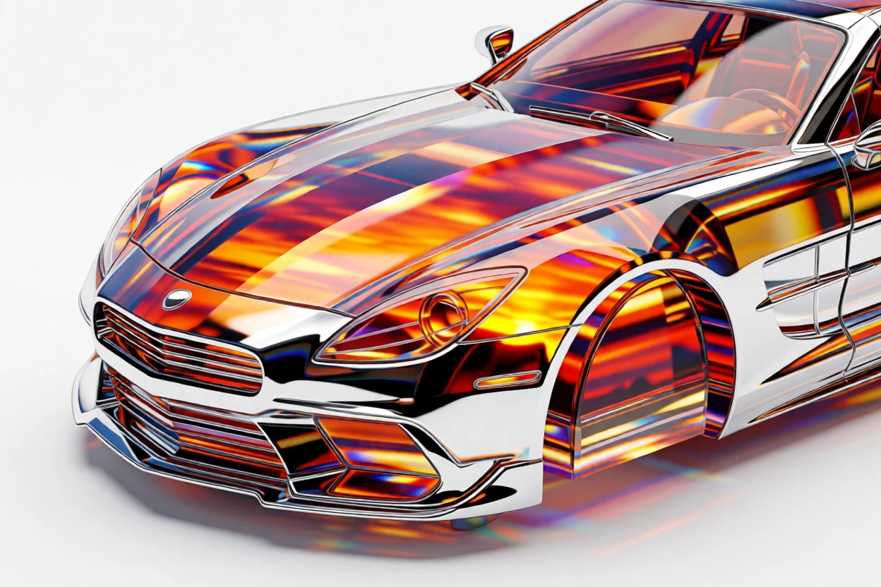 A luxury sports car's polished chrome detail reflecting a dramatic sunset.