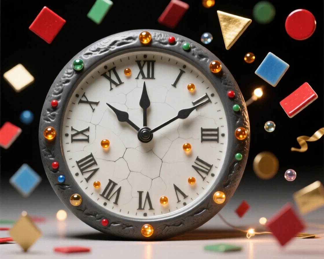 A New Year's clock striking midnight amid confetti captured mid-celebration with joyful energy, dotted with tiny twinkling lights, conveying warmth, celebration, and delight.