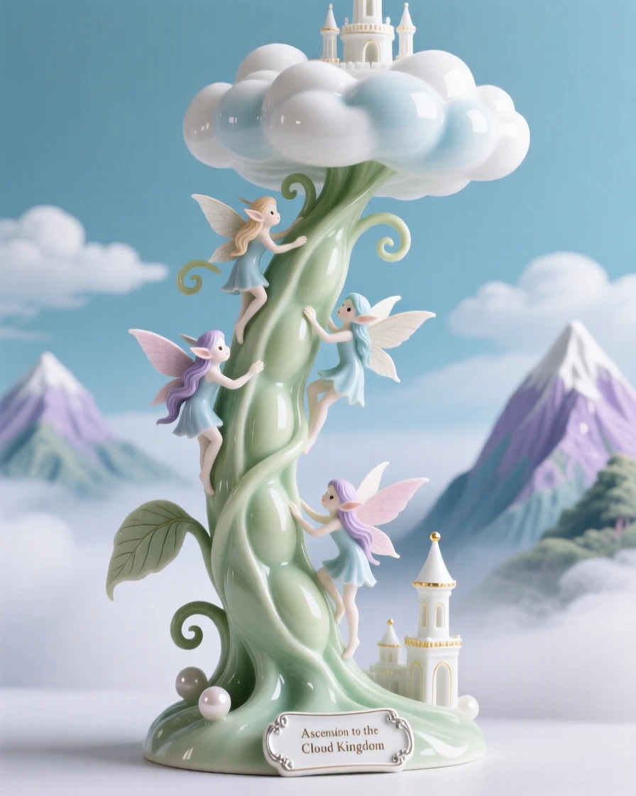 A whimsical scene of a group of forest sprites climbing a beanstalk into the clouds in a cloud kingdom above the mountains.