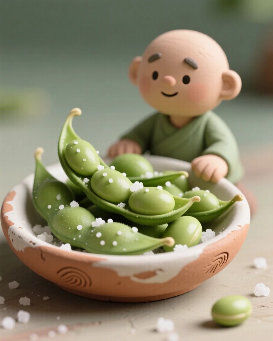 A bowl of fresh edamame lightly salted in a small dish