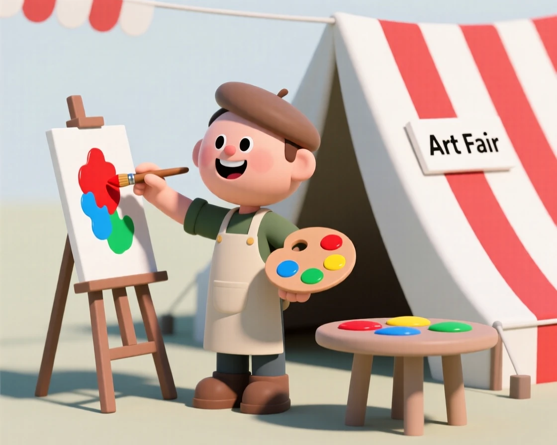 A cheerful painter dabs bright colors onto a canvas at an outdoor art fair beneath a striped tent.