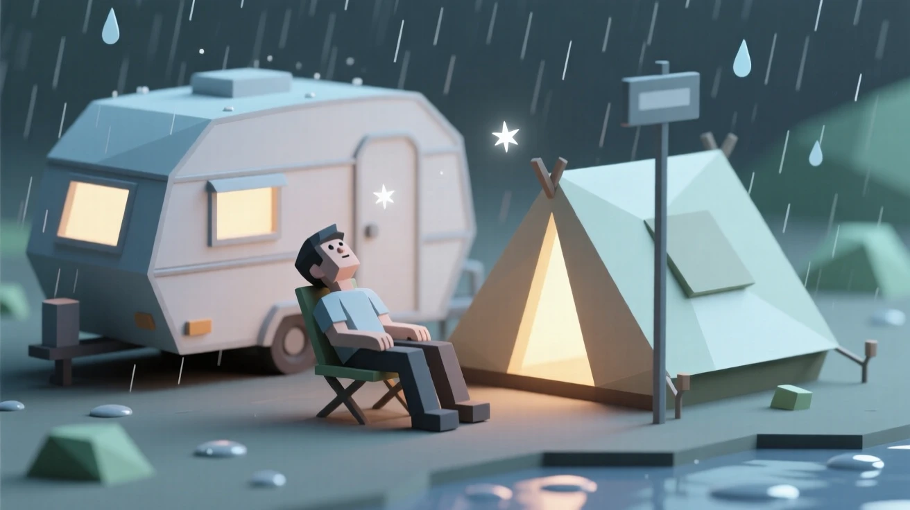 A camper stargazing beside a glowing tent, on a quiet rainy afternoon. a shallow depth of field keeps the action sharply in focus. The mood feels adventurous and free.