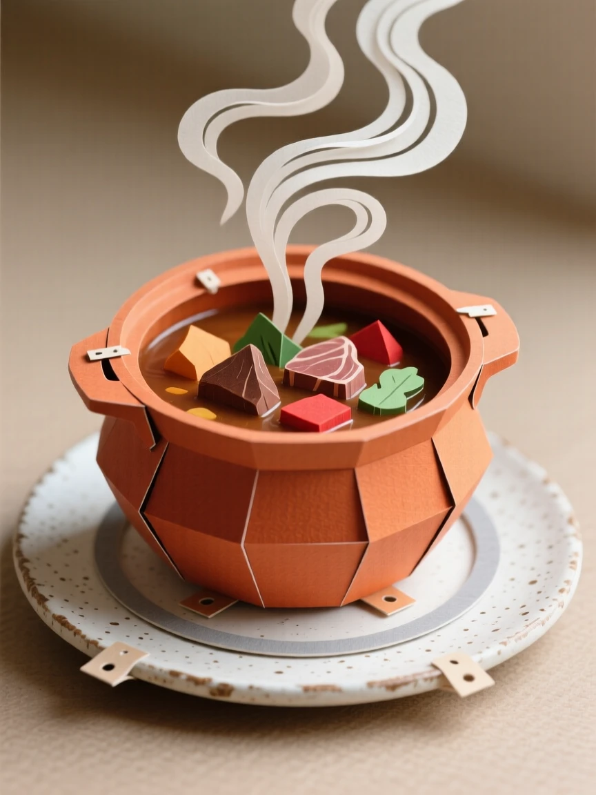 A rich pot of simmering stew presented on a rustic ceramic plate, with steam rising gently into soft light, capturing indulgence and warmth.