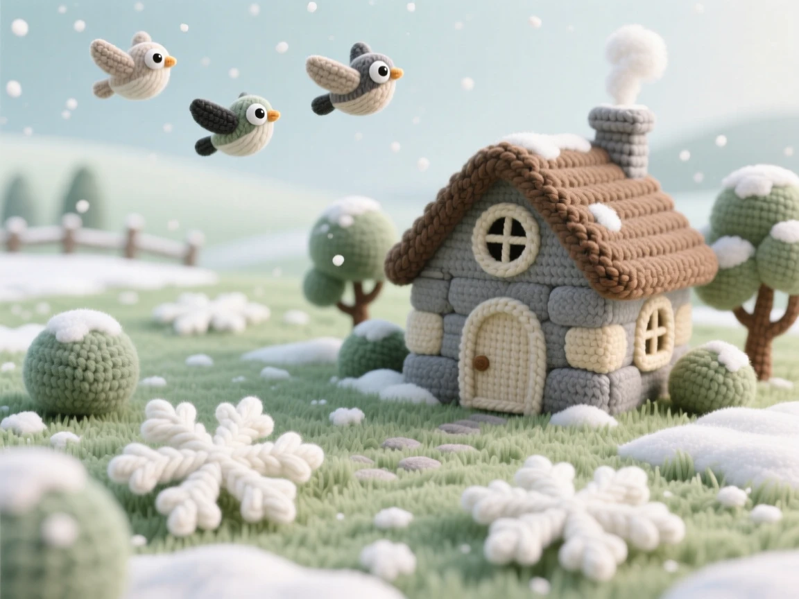 A tranquil view of a quiet countryside meadow at first snowfall, dotted with a few delicate flakes, framed by a distant stone cottage, surrounded by the quiet hush of early morning, with a small flock of birds passing overhead, evoking peaceful, untouched natural beauty.