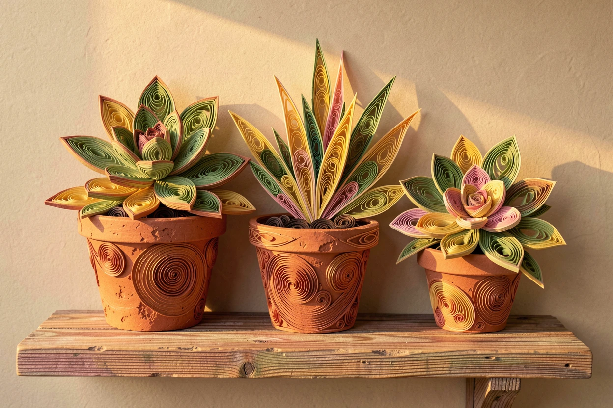 A serene botanical study of a potted succulent garden on a rustic shelf in a terracotta pot on a sunny balcony, with soft golden hour light washing over the scene, arranged asymmetrically for a natural, organic feel.
