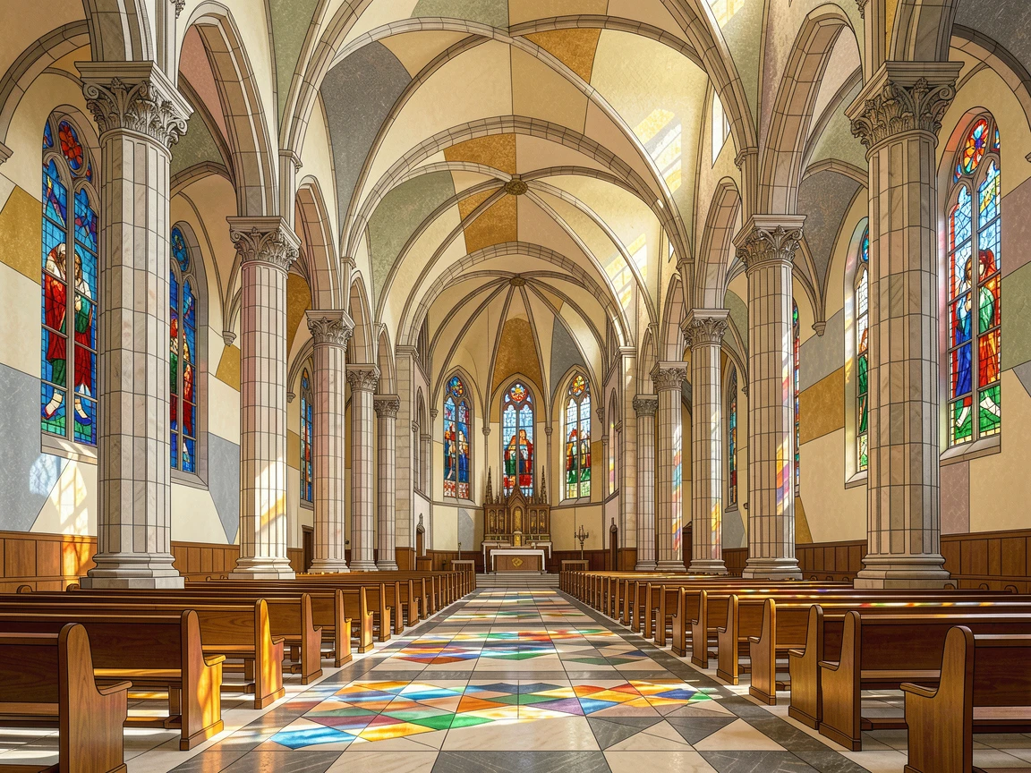 A grand cathedral interior with light streaming through stained glass.