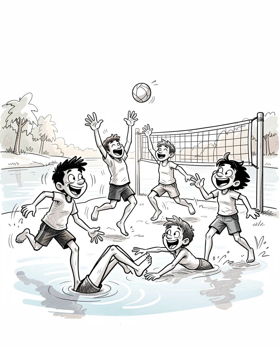 A group of friends playing beach volleyball across a calm morning lake.