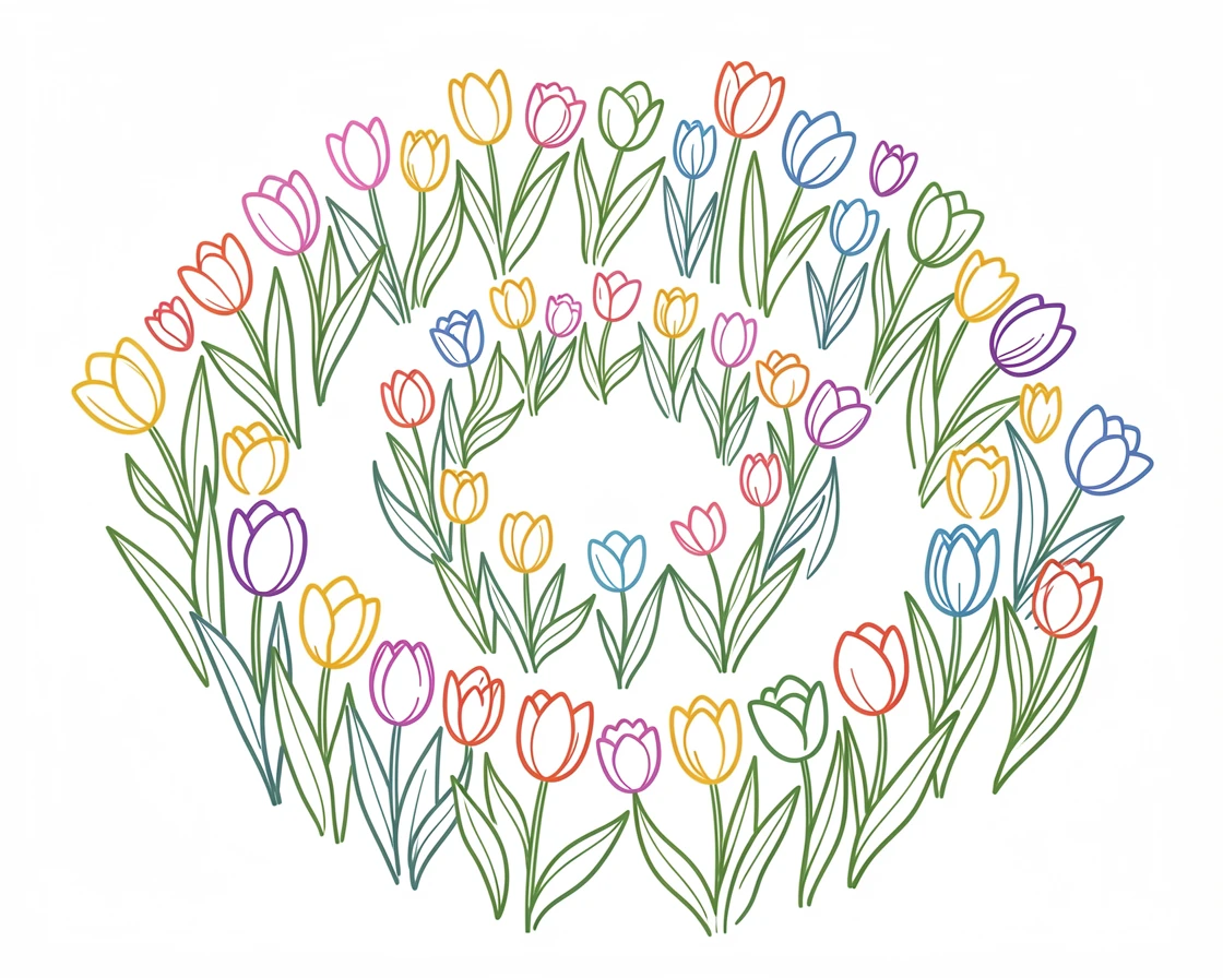 A field of tulips arranged in a spiral pattern at a botanical garden.