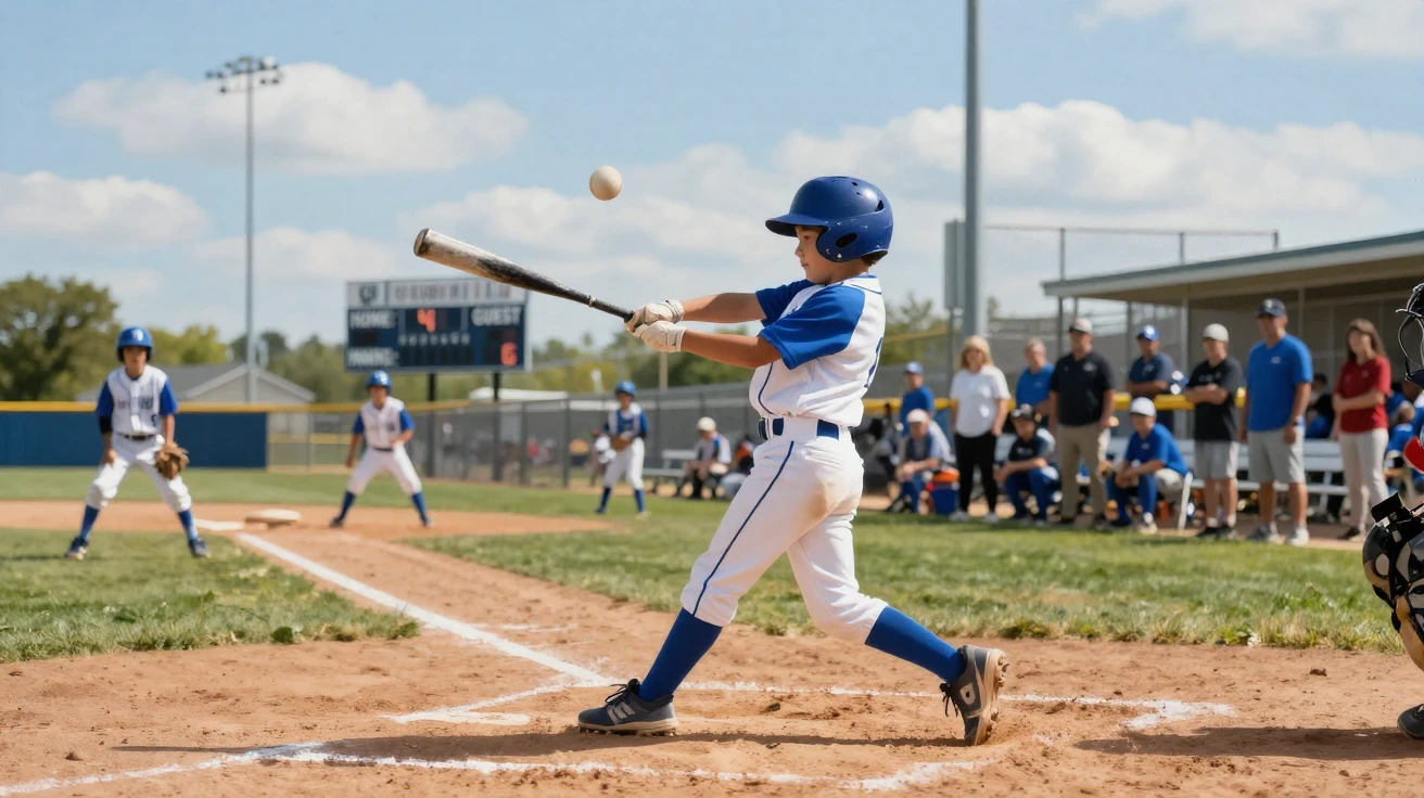 A little league baseball game with a batter mid-swing