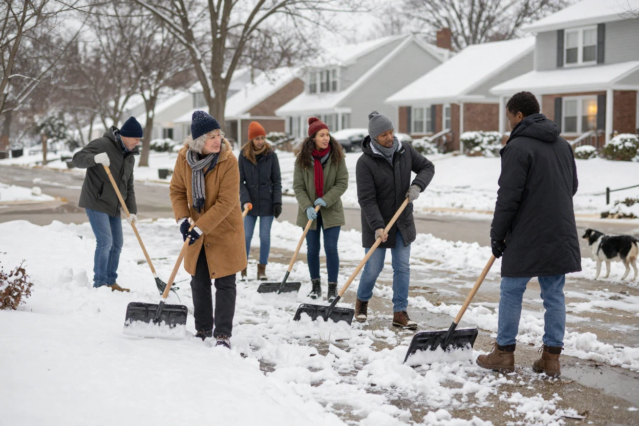 A group of neighbors shovels a shared driveway together after a heavy snowfall.