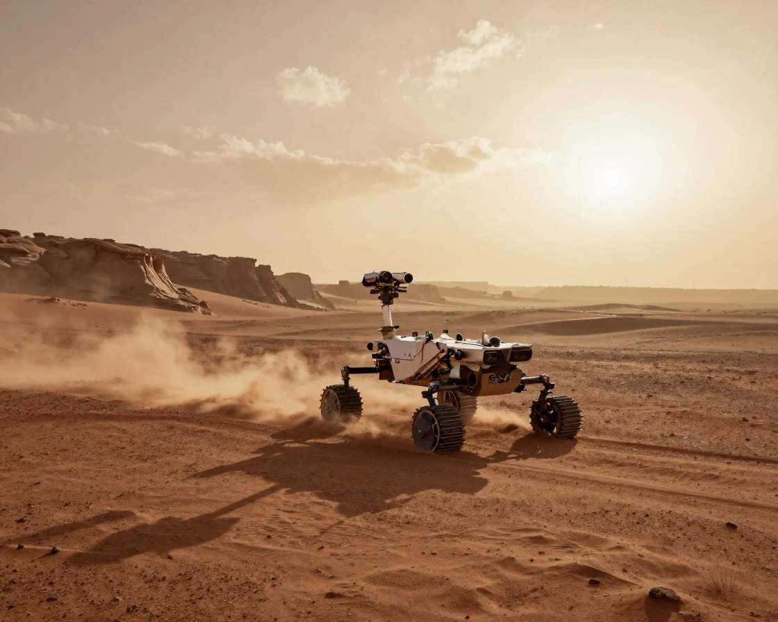 A rover exploring the rusty red dunes of a distant Martian landscape