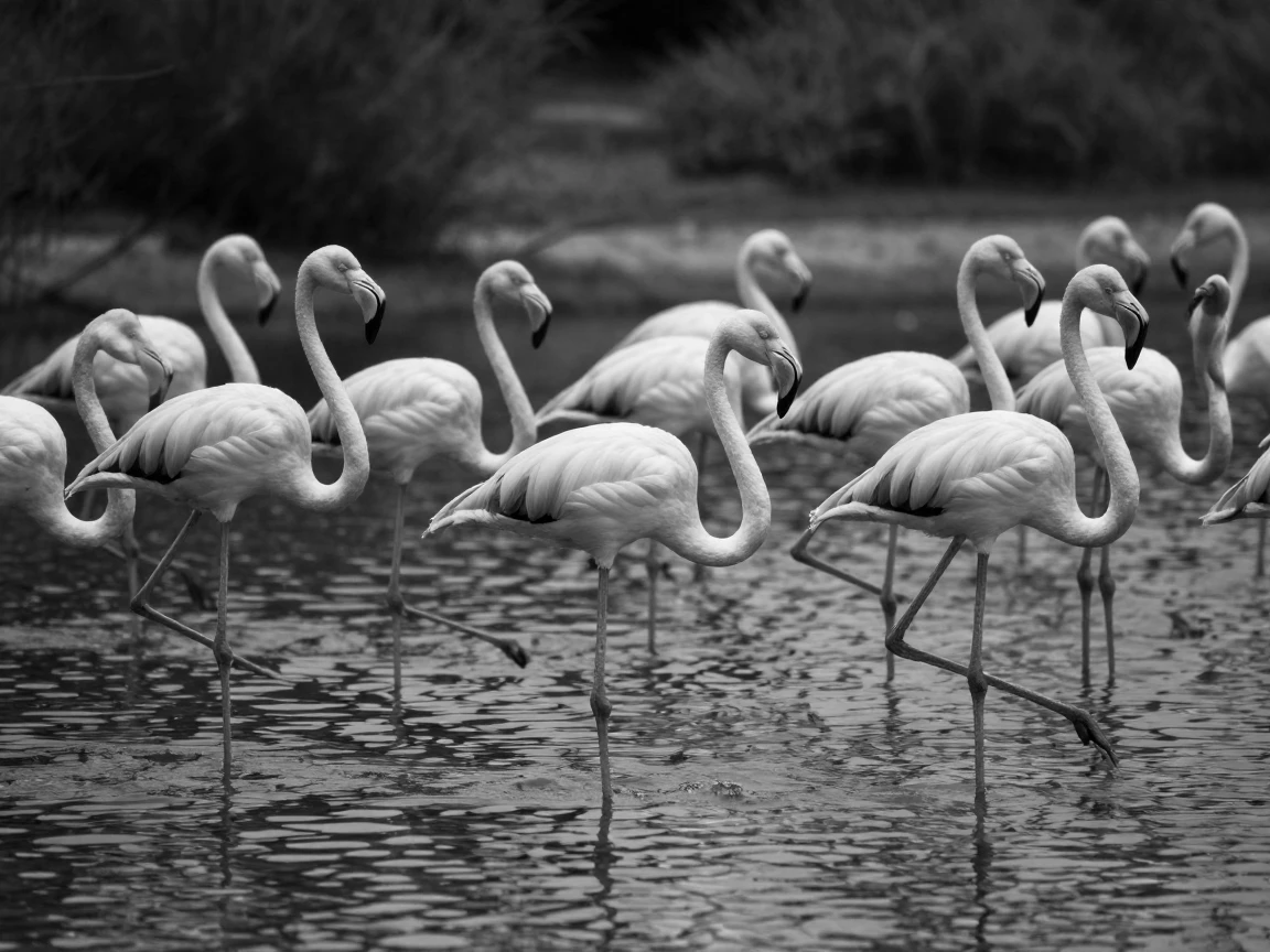 A flock of flamingos wades through shallow pink waters beside a tranquil lagoon.