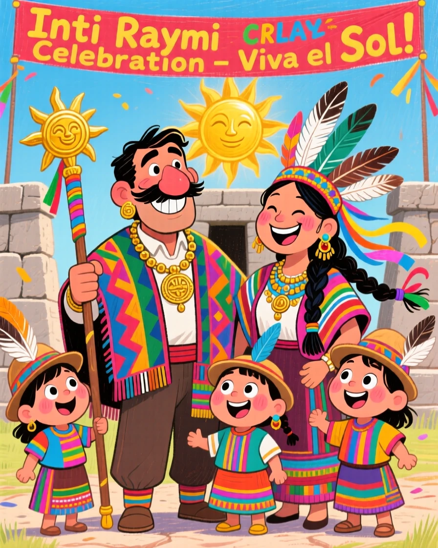 A Peruvian family celebrating Inti Raymi with traditional Incan-inspired ceremonial dress.