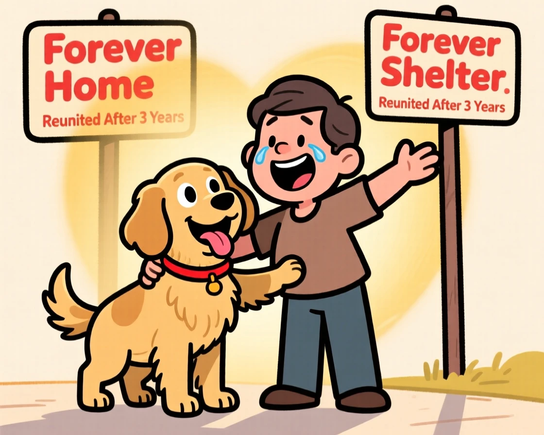 A heartwarming moment depicting a rescued shelter dog reuniting after years apart, as warm light glows softly around them.