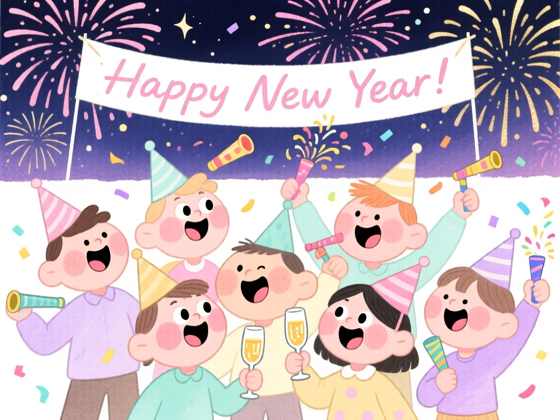 A joyful celebration scene of a New Year's Eve countdown with sparkling fireworks overhead, bursting with color and joy