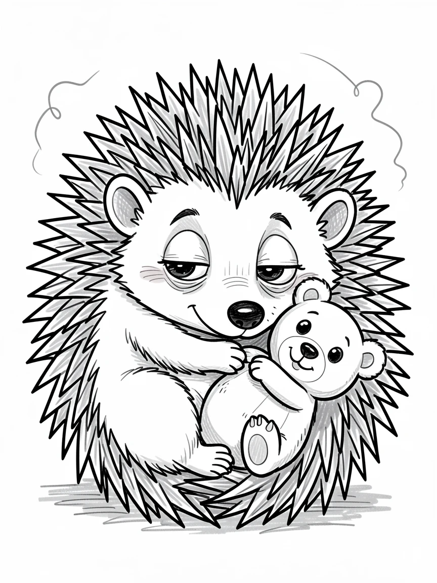 [Cute Animals & Pets] Adorable scene of a sleepy hedgehog cuddling with a stuffed toy, bursting with charm and playful energy