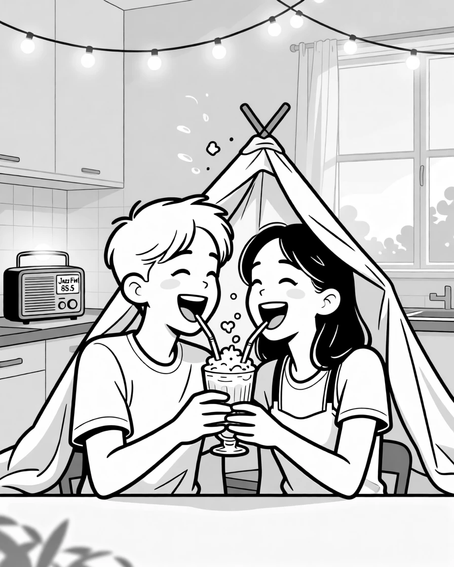 A couple sharing one milkshake with two straws, collapsing the fort with a burst of shared laughter, set in a quiet kitchen with the radio playing softly. String lights sway gently overhead. It captures romance in its most playful, everyday form.