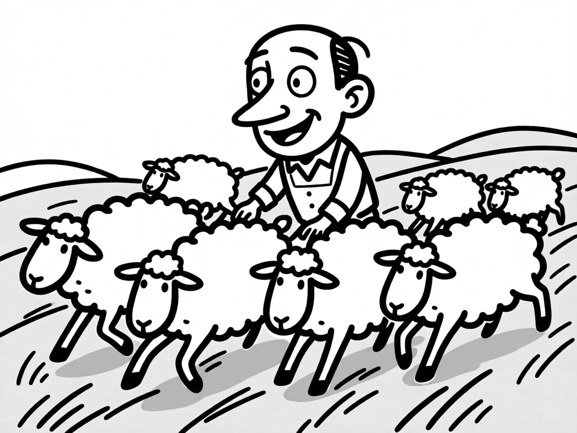 A farmer herding a flock of sheep across a rolling green pasture.