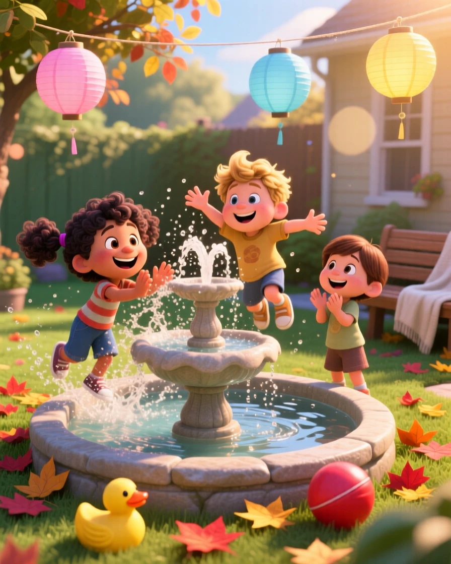 Children splashing in a fountain on a hot summer day happens in a backyard strung with paper lanterns, with colorful fallen leaves scattered underfoot. A bright, merry energy fills the entire scene.