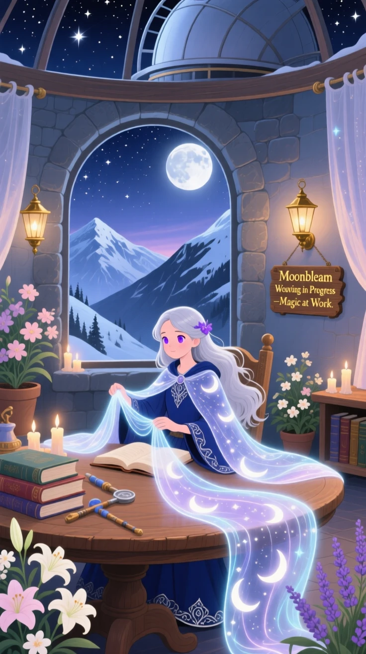 Deep within a mountaintop observatory, a young sorceress spends the evening weaving a cloak out of moonbeams, while a gentle breeze carries the scent of flowers.