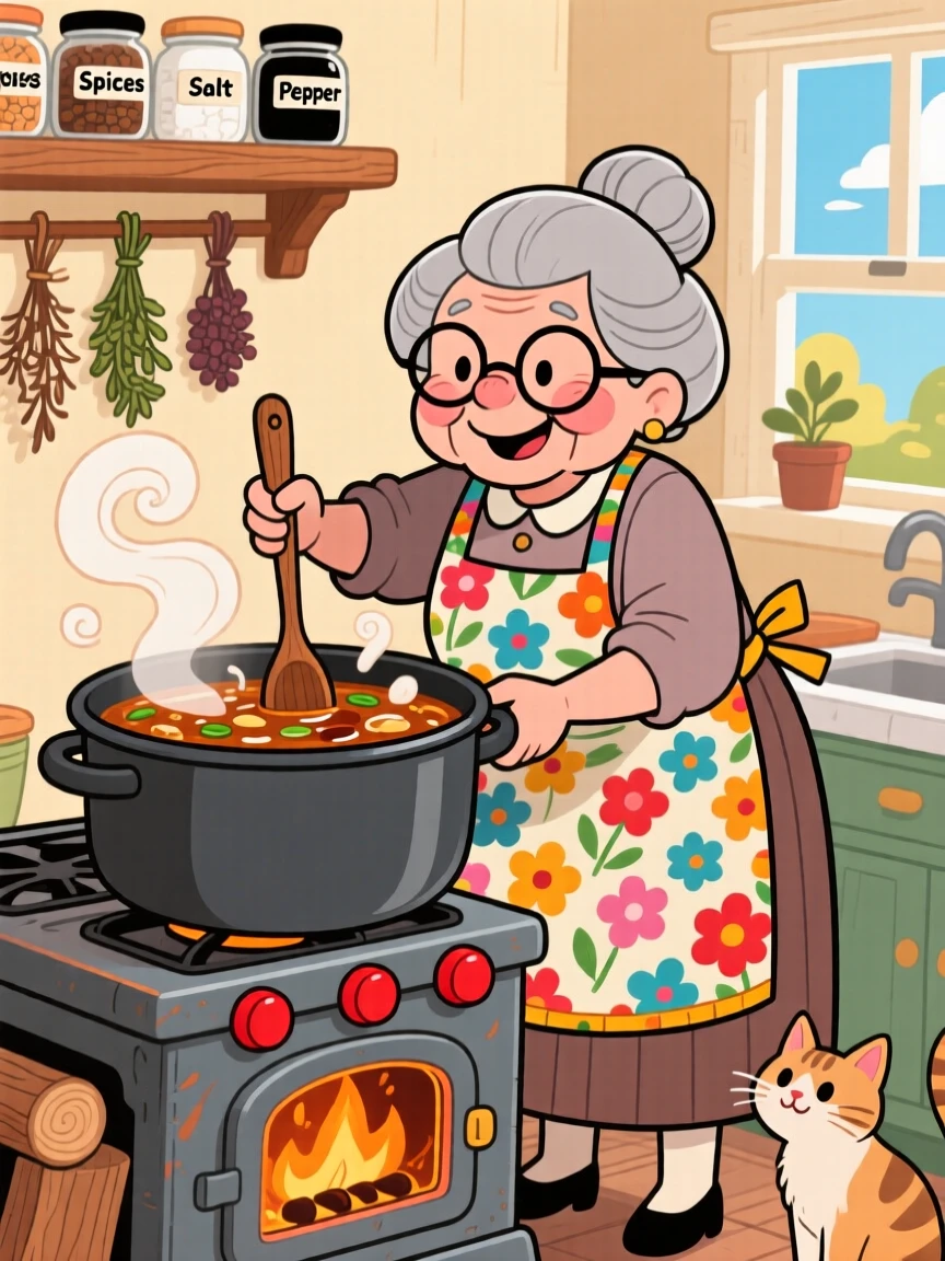A grandmother stirring a pot of hearty stew on a wood stove.
