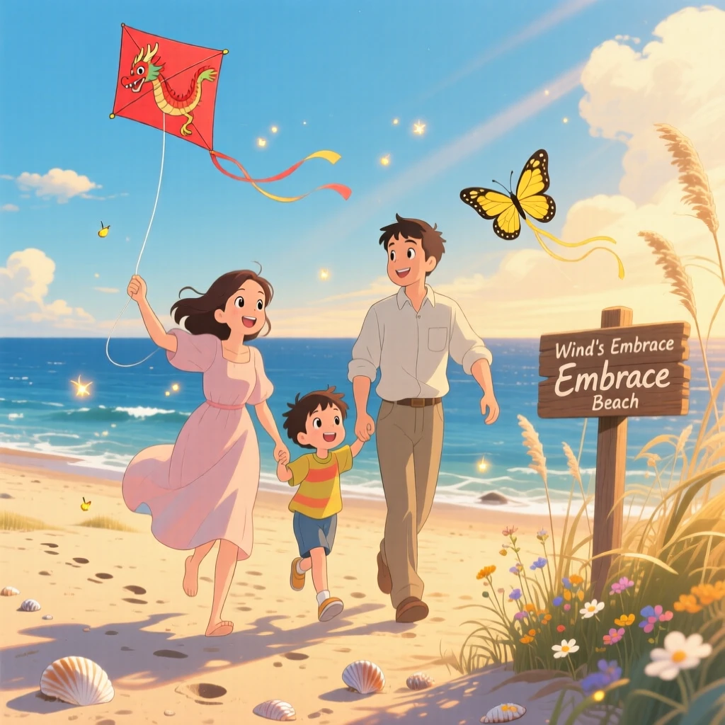 Parents and children flying kites together on the beach, the scene quietly joyful.