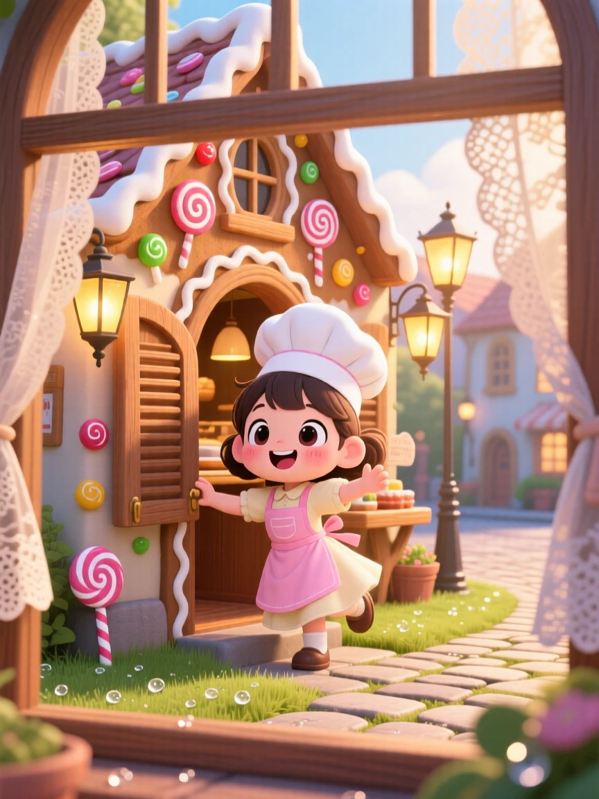A little baker opening the shutters of a gingerbread-shaped shop in a cozy storybook village square as morning dew glistens on the grass; warm lamplight washes over the scene as bubbly enthusiasm fills the moment. Framed through a window.
