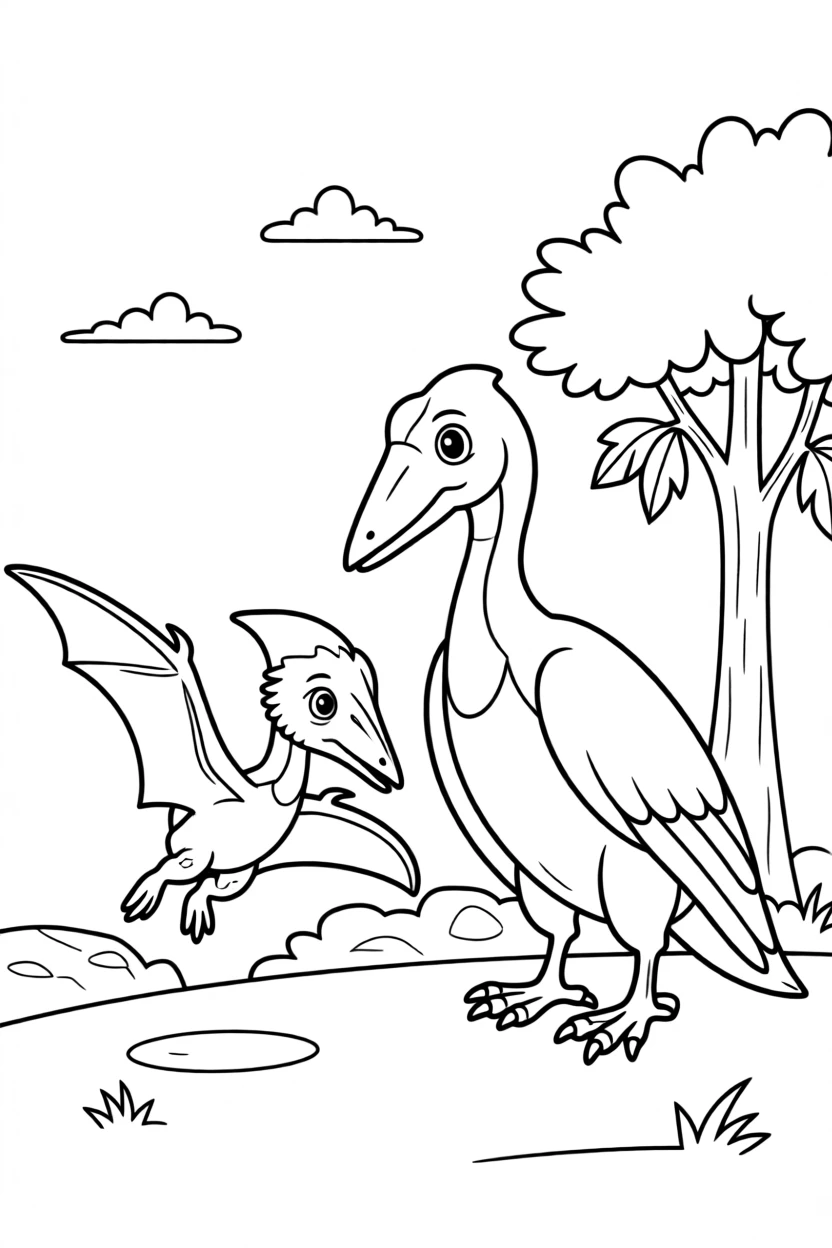A baby Pterodactyl learning to fly with its parent nearby