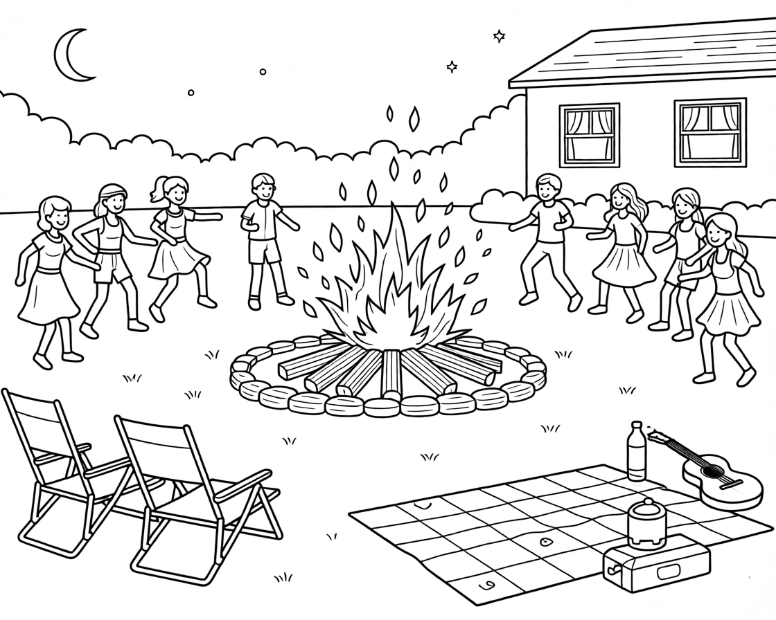 A summer solstice bonfire surrounded by dancing silhouettes, with a festive glow lighting up nearby windows.