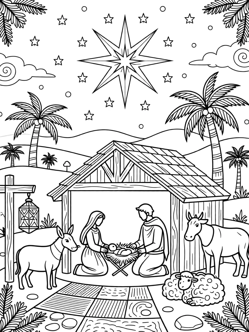 A holiday nativity scene arranged beneath a starlit sky.