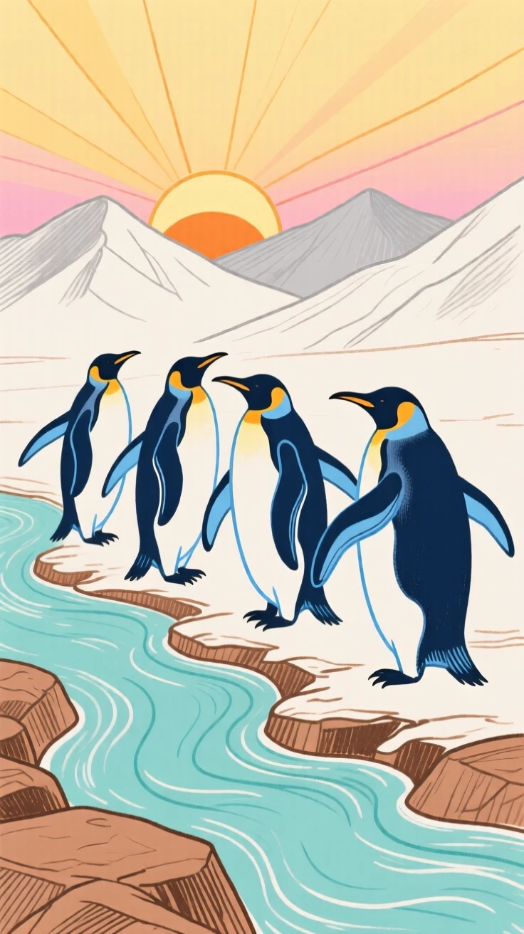 A group of penguins stretching in the morning light beside a mountain stream at sunrise.