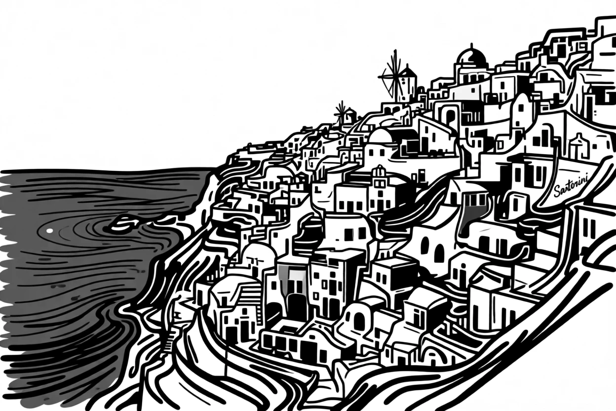 A row of Santorini's white-domed buildings overlooking the deep blue sea.