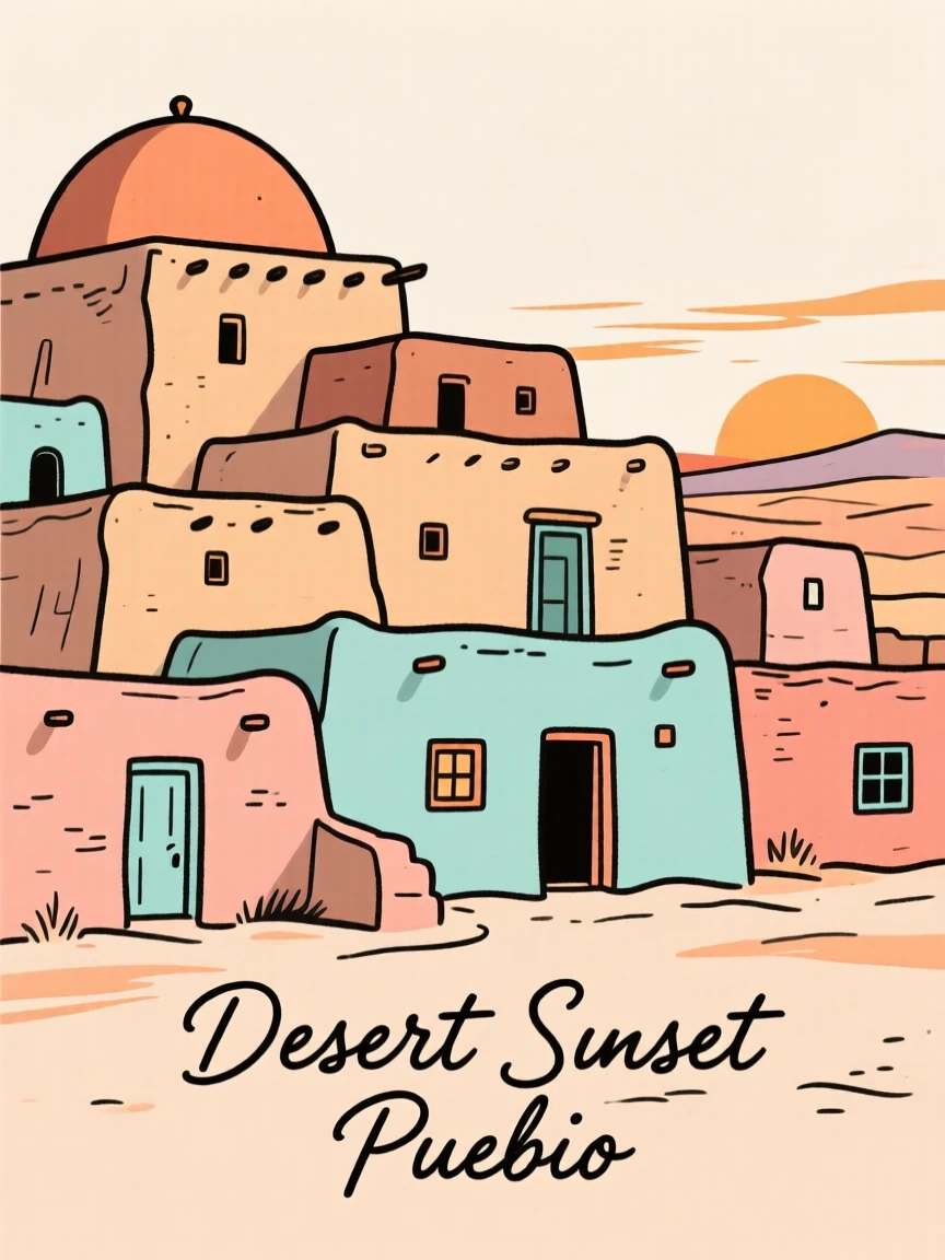 A traditional adobe pueblo village glowing under a desert sunset.