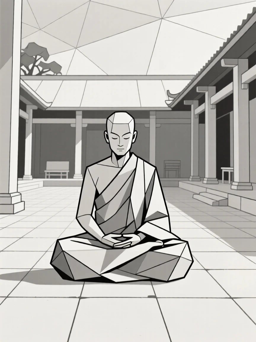 A monk meditating quietly in a temple courtyard