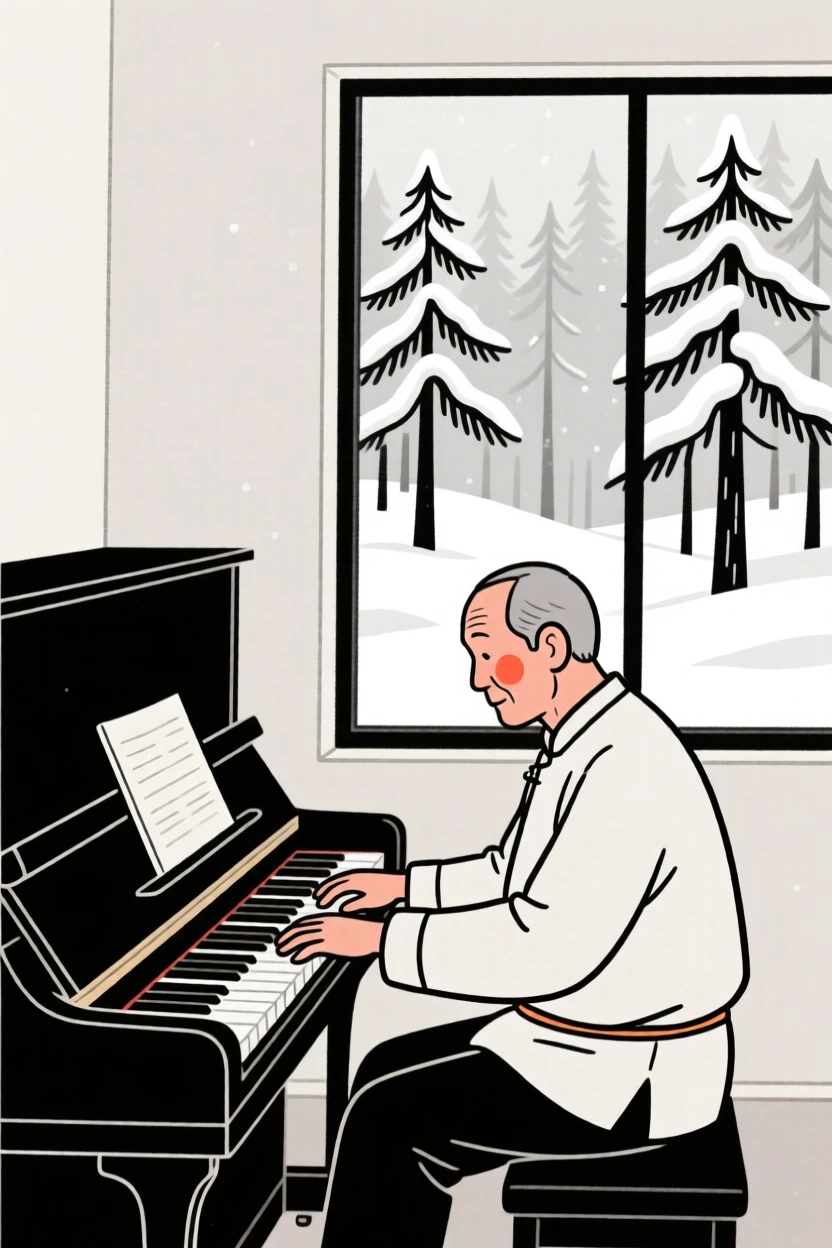 A father of Mongolian heritage playing the piano in a quiet room, in a snow-covered pine forest.