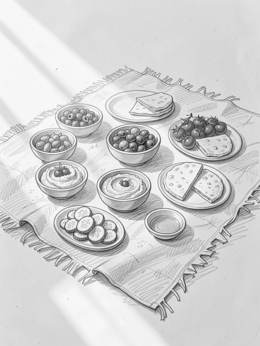 An appetizing still life of a spread of Mediterranean mezze on a weathered picnic blanket, with morning light streaming across the scene.