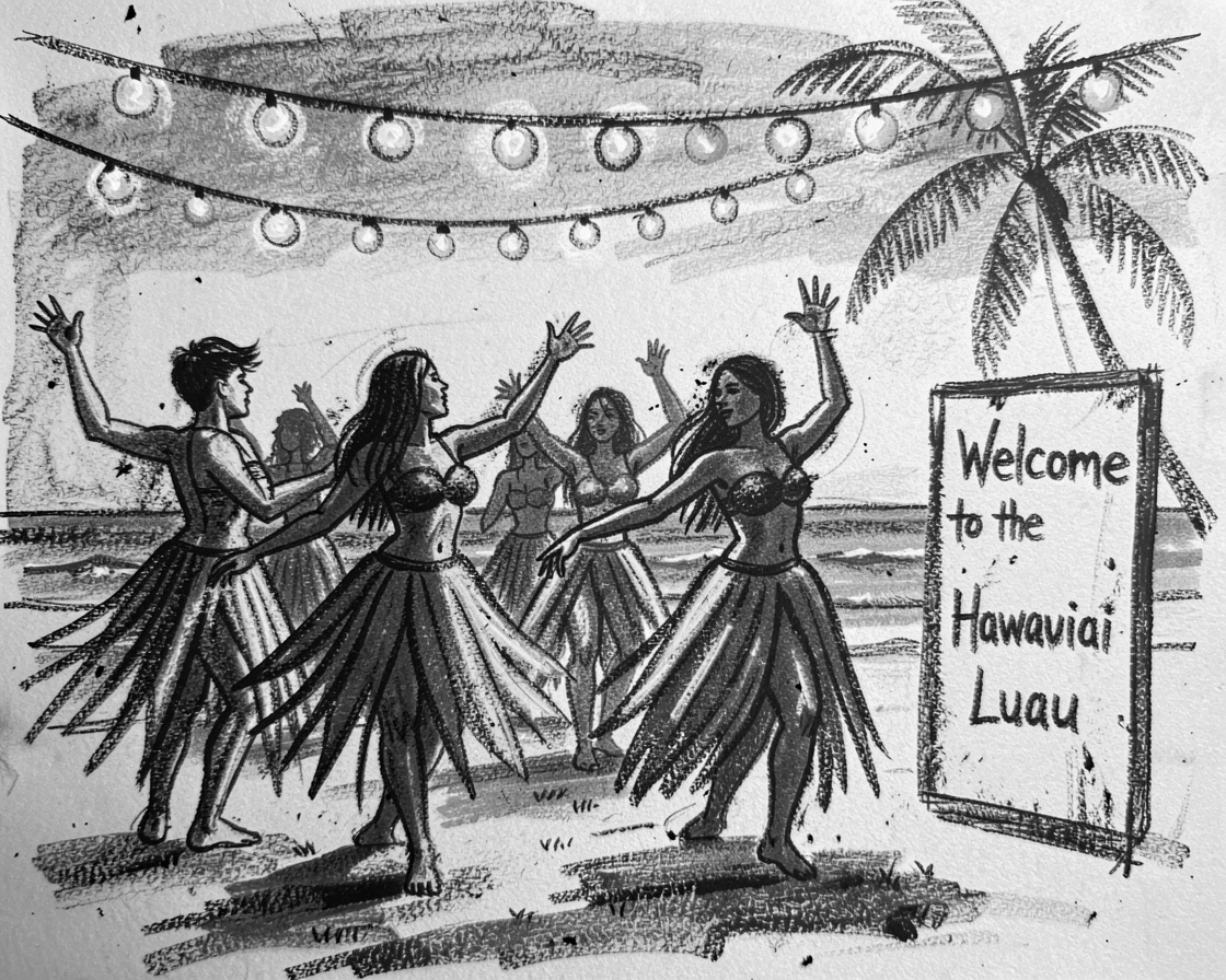 A Hawaiian luau with hula dancers at sunset, under the warm glow of string lights.
