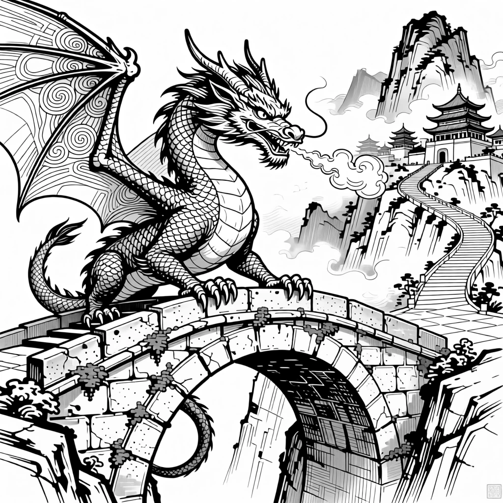 A dragon guarding a bridge leading to a hidden mountain kingdom.