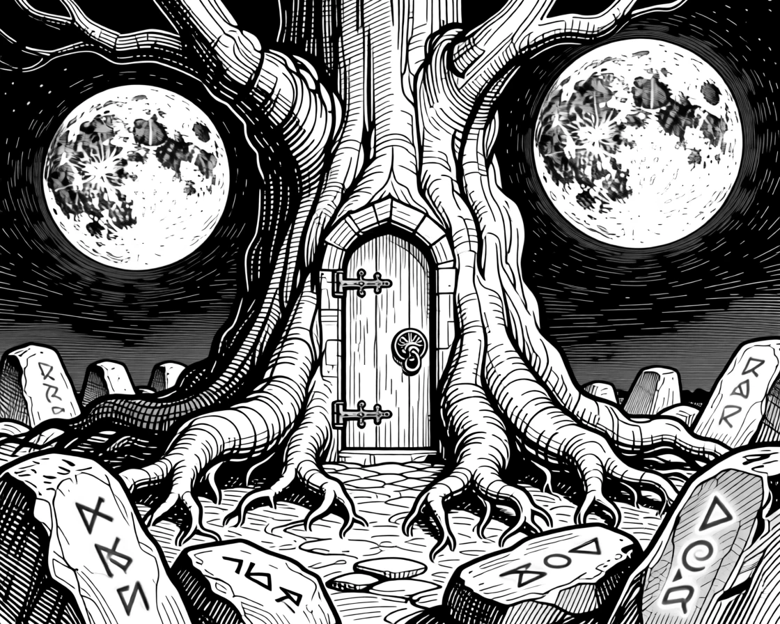 An ancient tree with a hidden door in its trunk beneath a sky filled with twin moons, with glowing runes etched into ancient stone, forming a serene yet powerful fantasy scene.