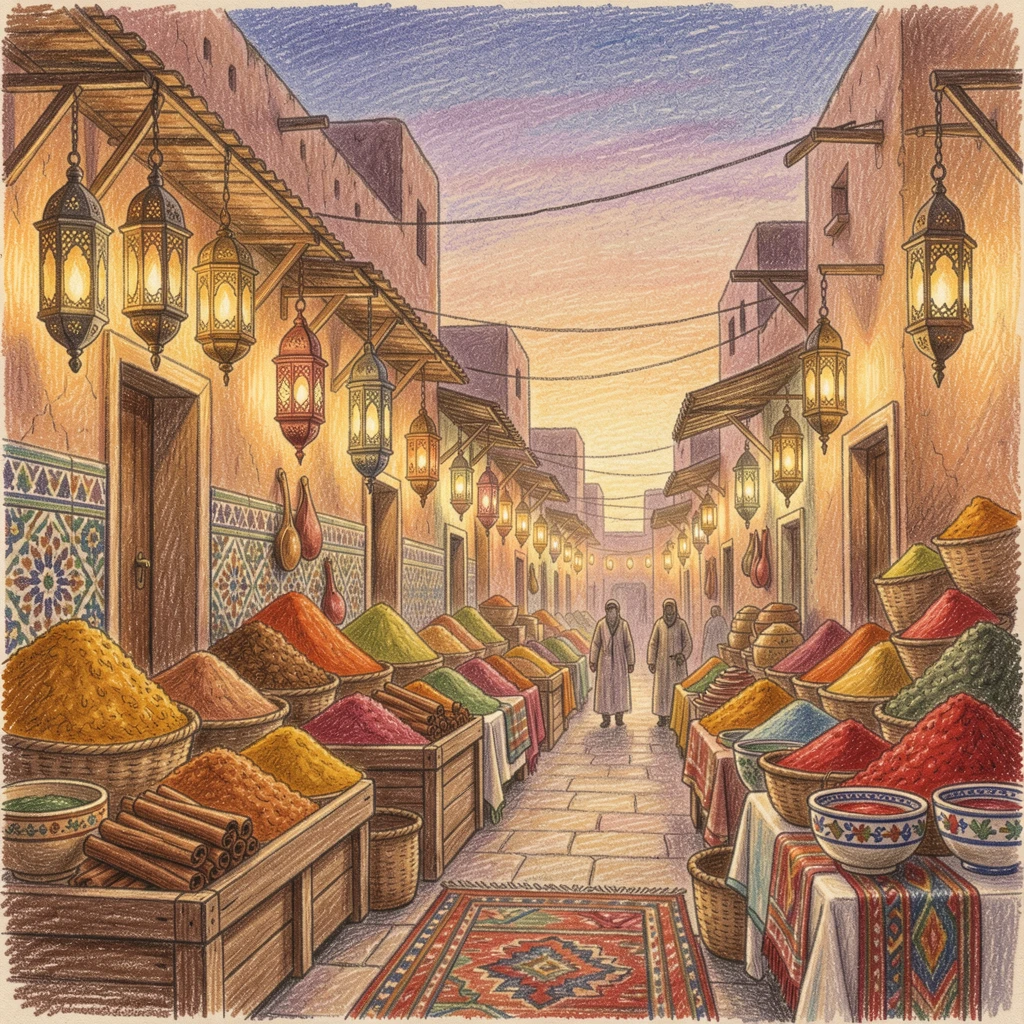 A Moroccan spice souk glowing with lanterns at dusk, bathed in the warm glow of golden-hour light, evoking nostalgia and a deep sense of contentment.