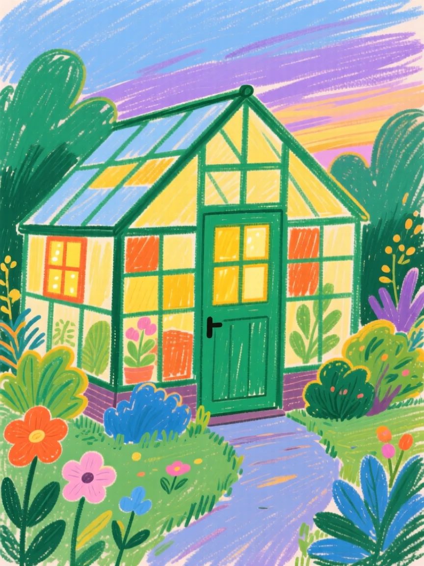 A garden greenhouse glowing warmly with lit windows at dusk.