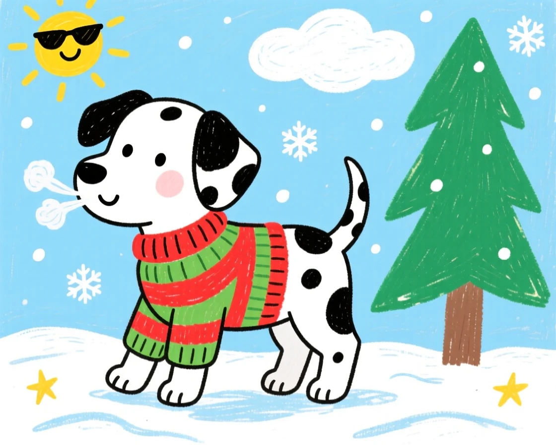 A spotted dalmatian puppy wearing a tiny knitted sweater on a cold morning.