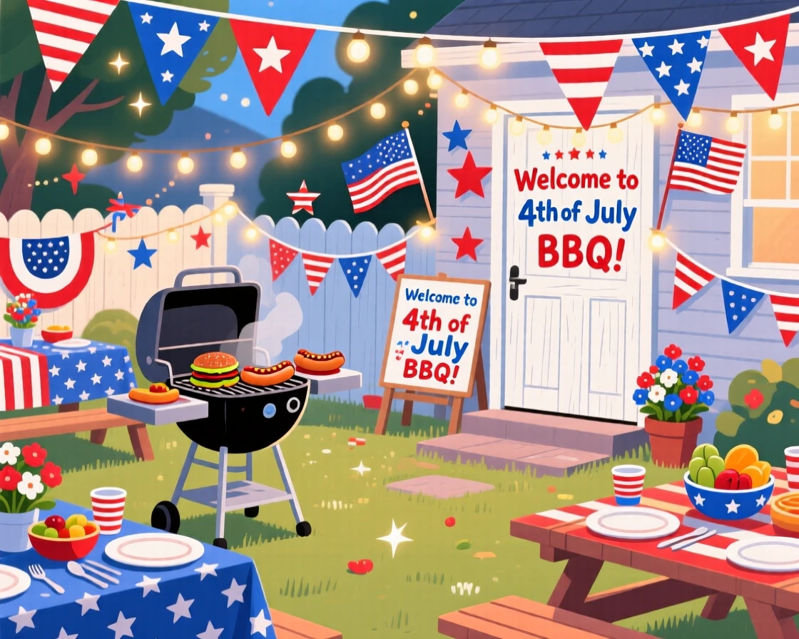 A cheerful Fourth of July barbecue with red white and blue decorations, decorated with warm string lights and colorful banners, arranged with cheerful details filling every corner, with warm twinkling lights adding a magical sparkle.