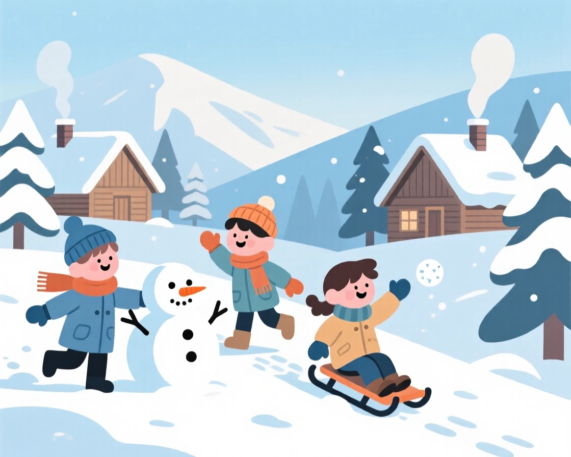 A winter scene of children playing in a mountain village.