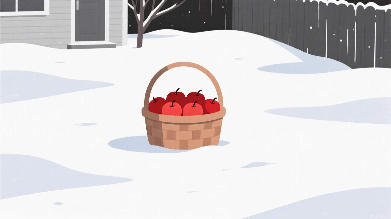 A blanket of fresh snow covering a suburban backyard as a basket of apples appears in the distance, full of crisp freshness.