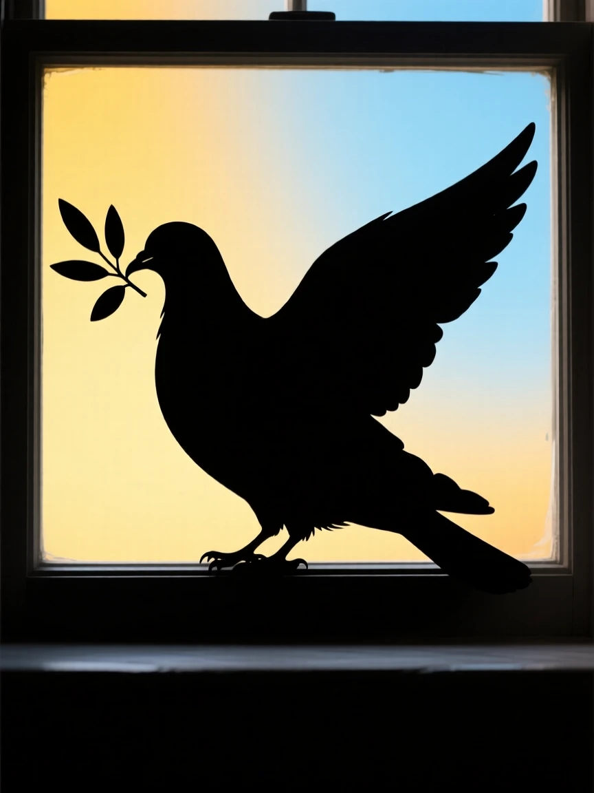 A single dove perched on a windowsill with an olive branch in its beak.