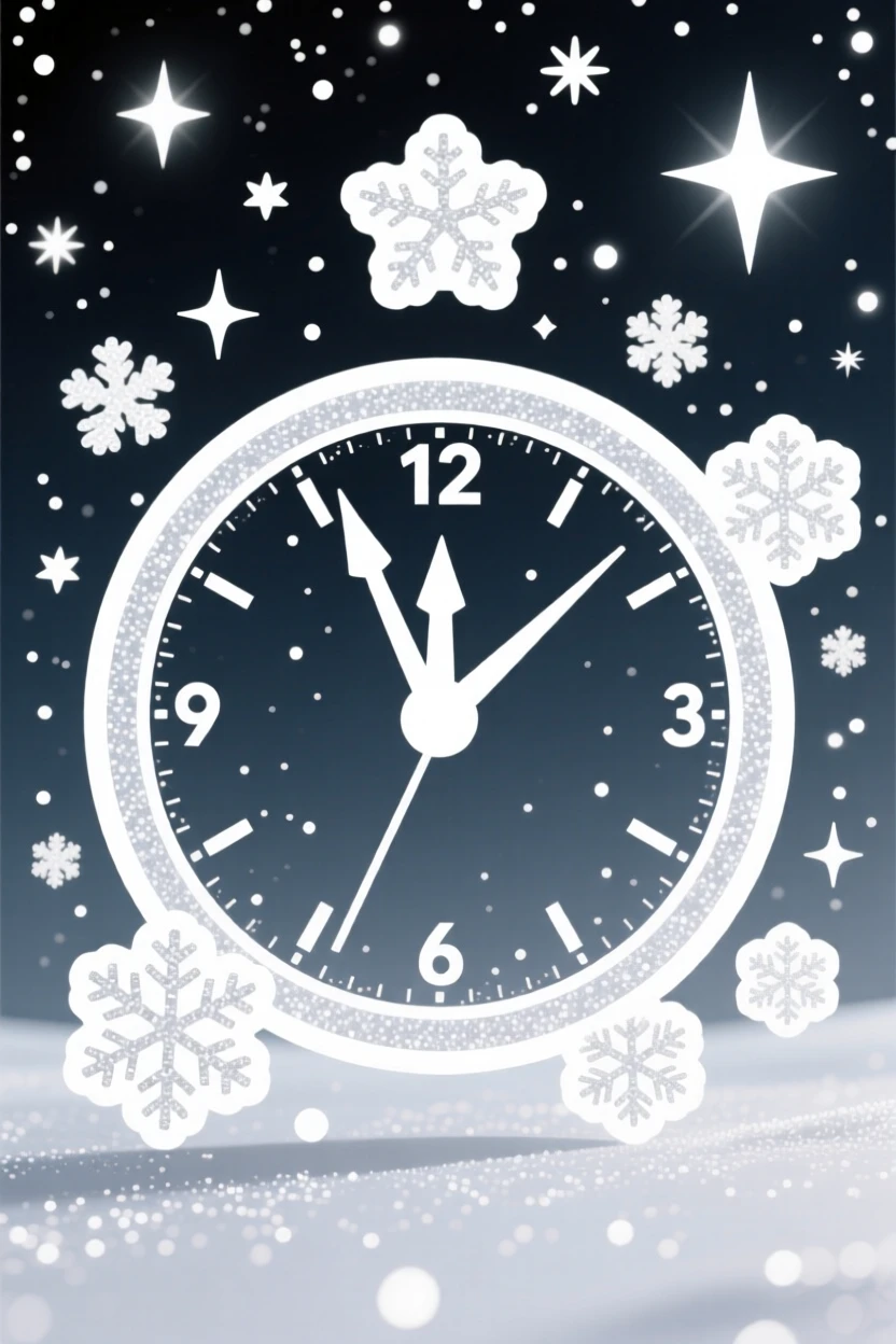A spirited and joyful New Year's Eve countdown clock striking midnight, with a light dusting of glittering snow, under a sky full of stars on a special night.