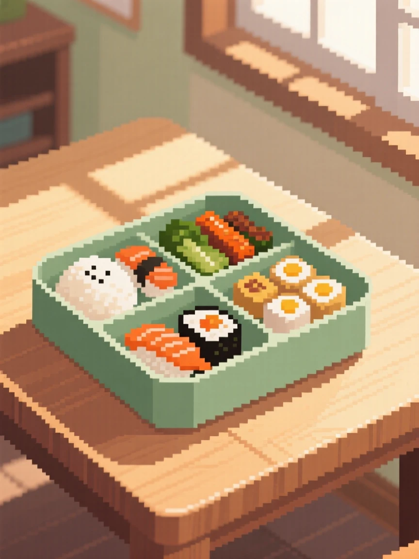 A bento box packed with tiny meals photographed with warm afternoon light streaming in, in a sunlit breakfast nook.