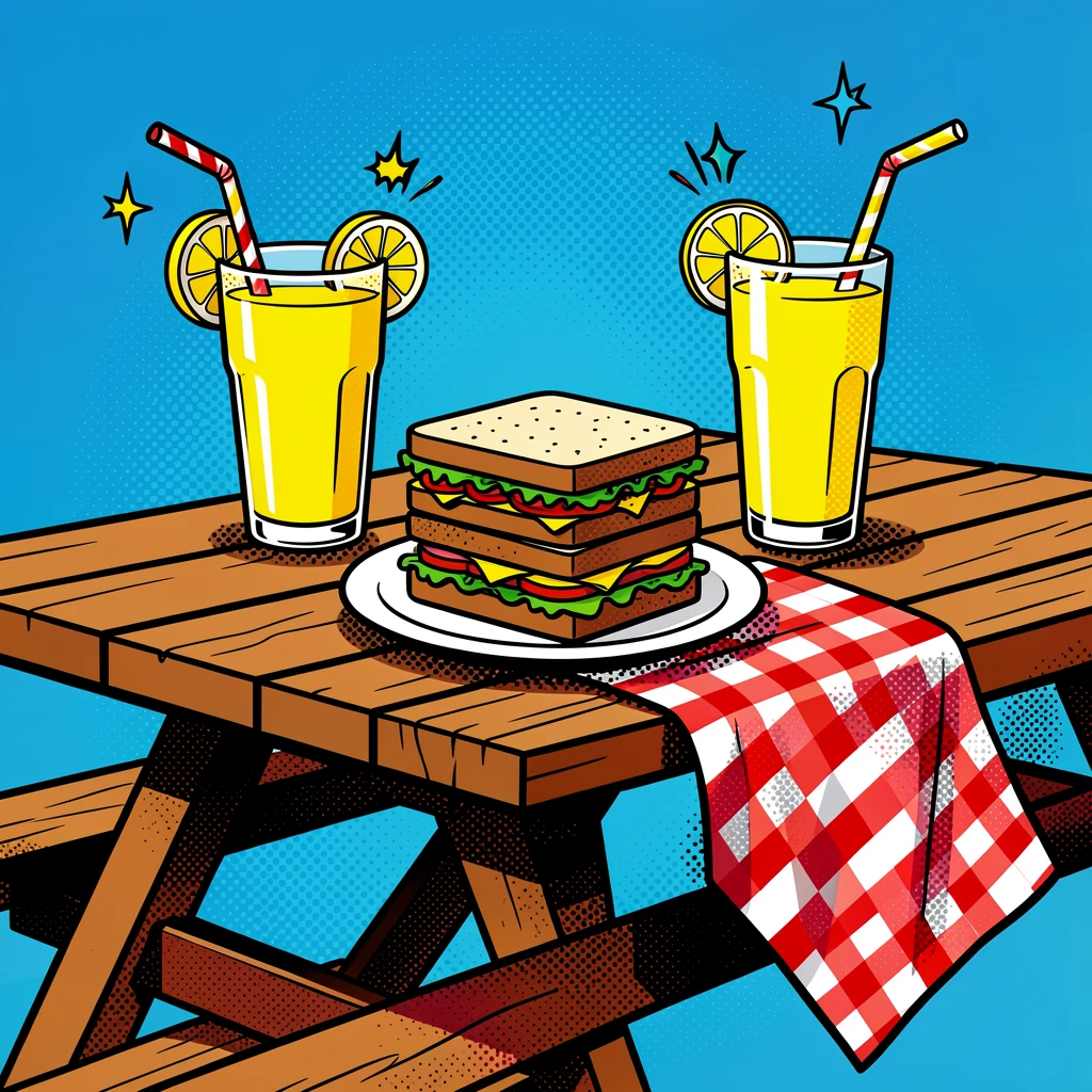 A rustic picnic table set with fresh lemonade and sandwiches